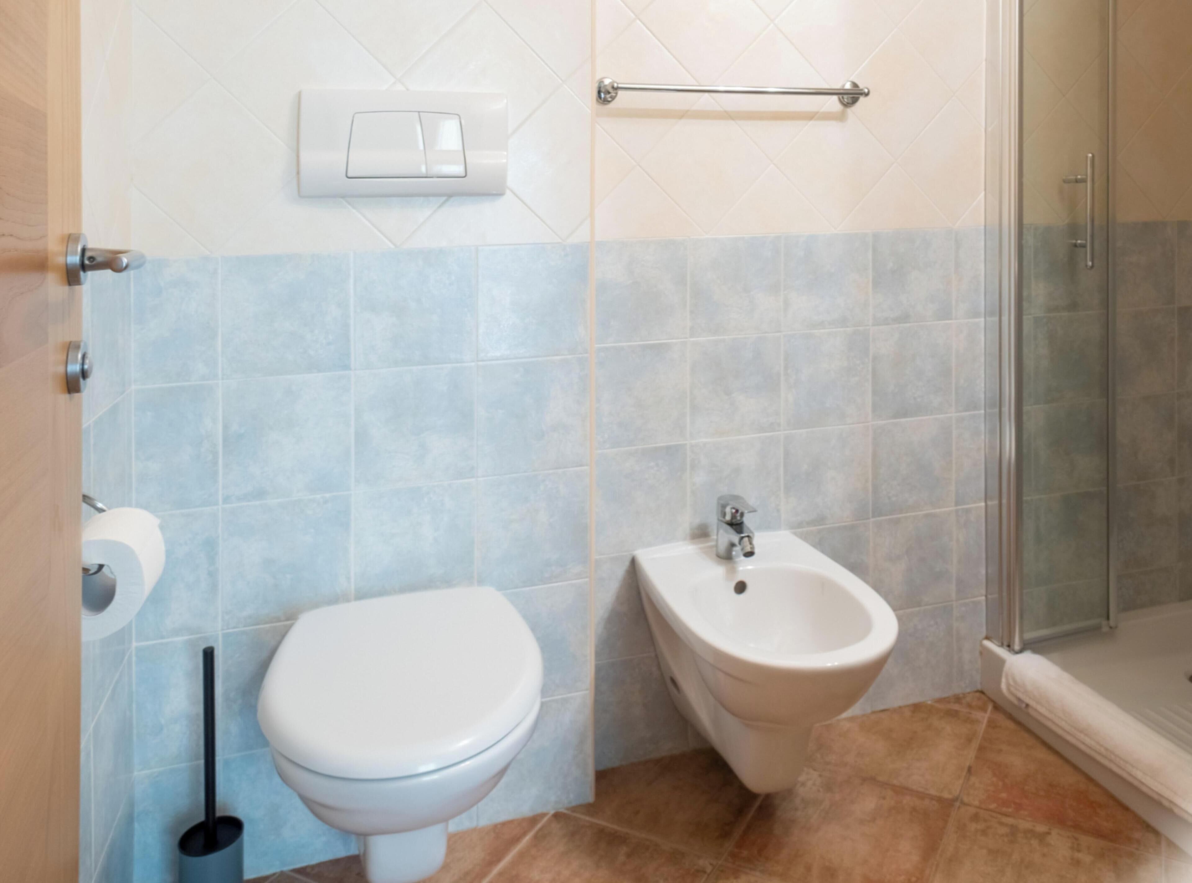 Un baño con inodoro, bidé y zona de ducha.