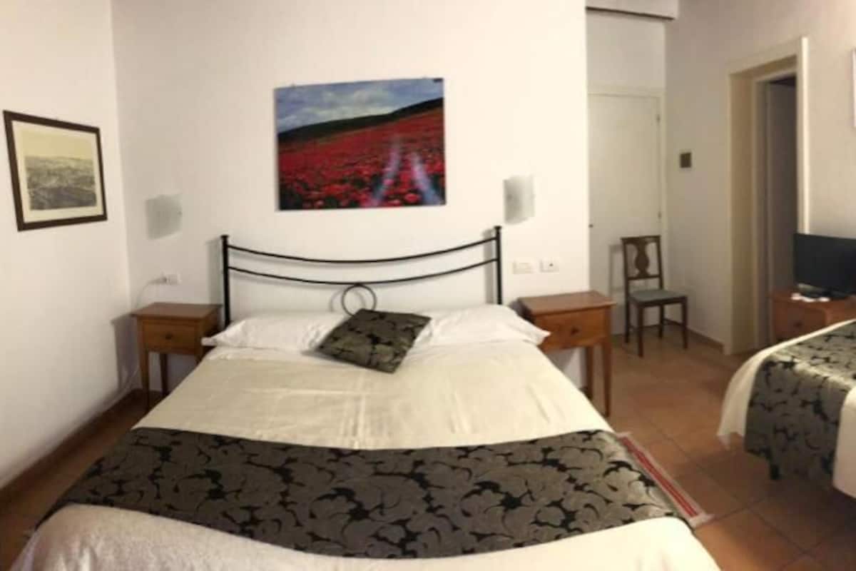 A bedroom with two beds, a chair, a TV, and a painting on the wall.