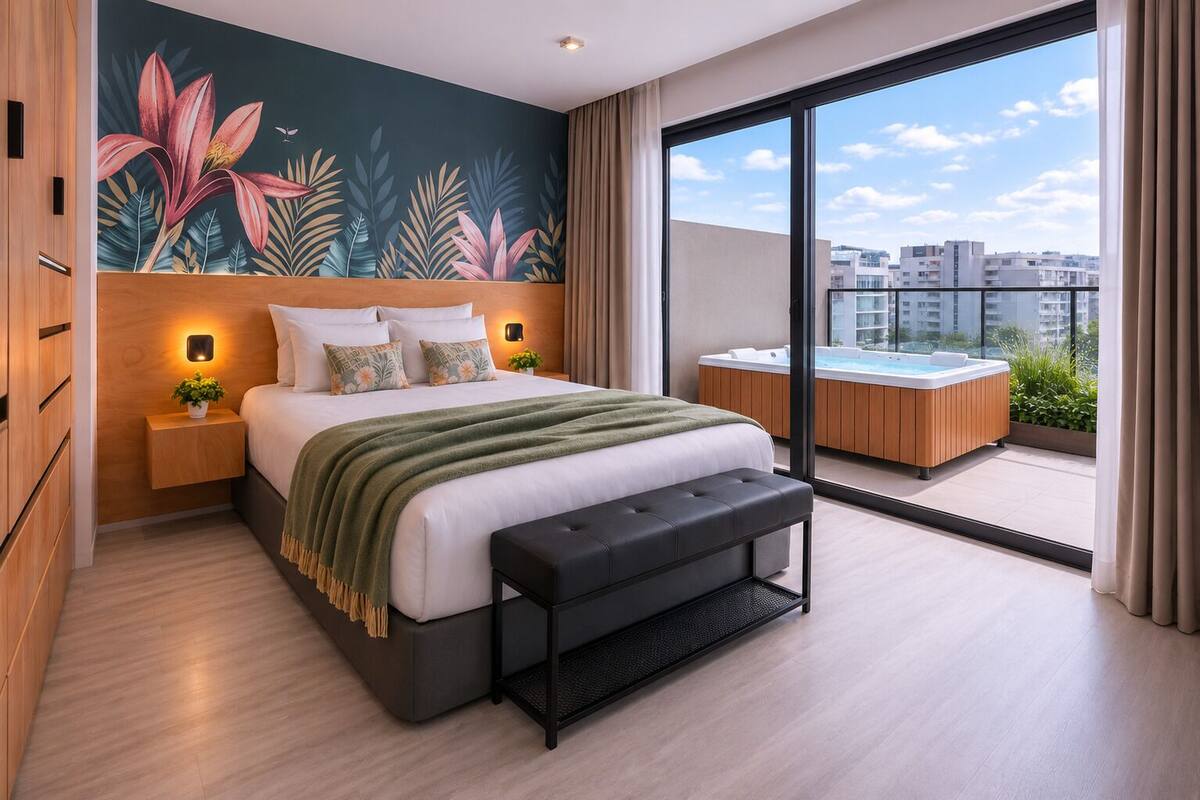 Une chambre moderne avec un grand lit, un banc, une table de chevet avec une lampe, une fresque murale et un balcon avec un jacuzzi.