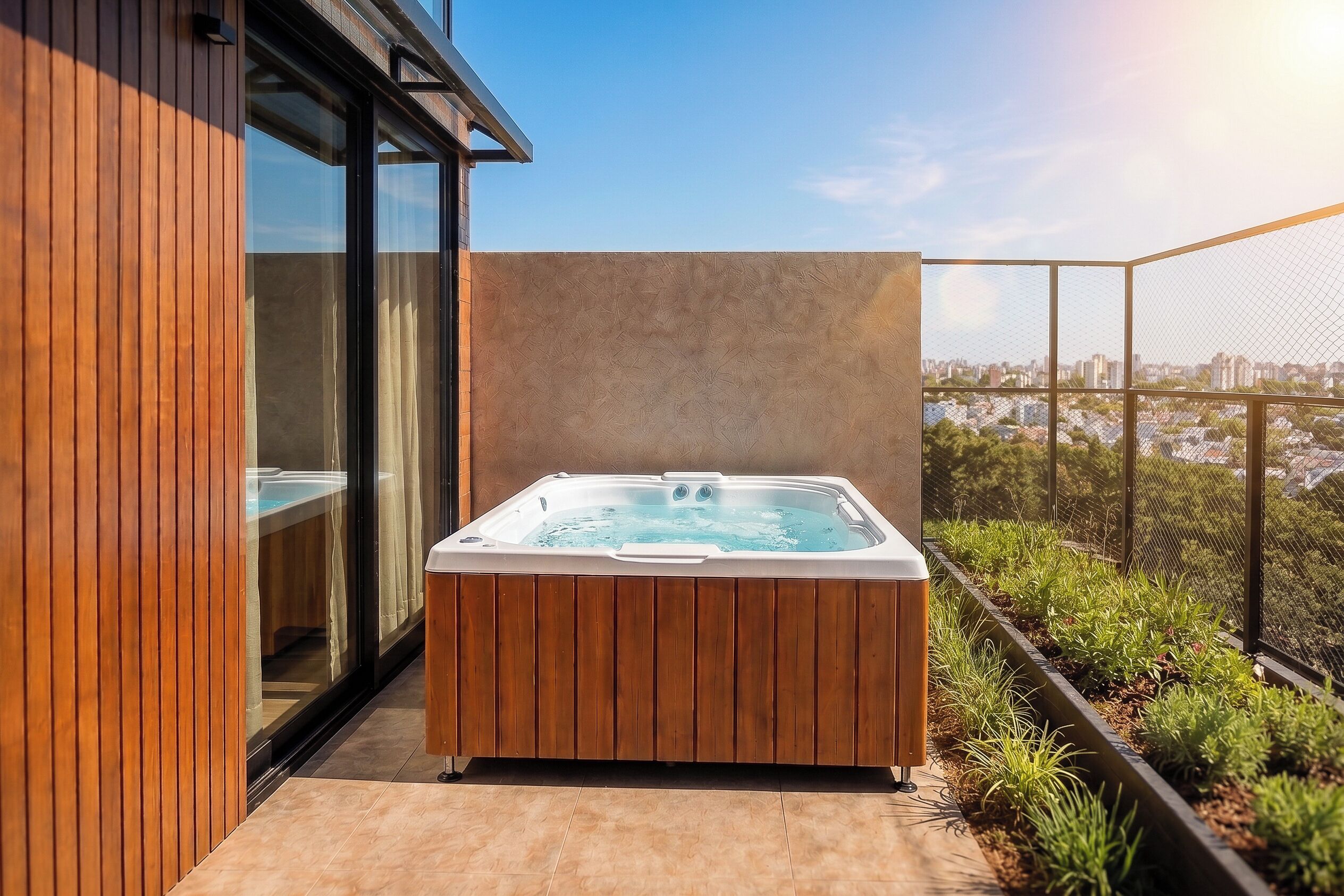 Un área moderna de hidromasaje al aire libre con vista a la ciudad, terraza de madera y puerta de vidrio que da a una habitación.