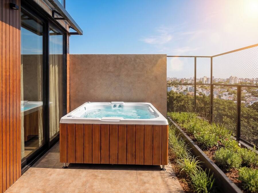 Ein moderner Außenbereich mit Whirlpool, Stadtblick, Holzterrasse und Glastür zu einem Raum.