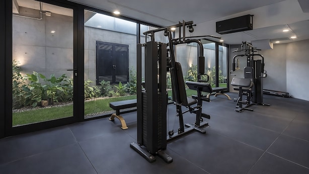 Un gimnasio moderno con equipo de ejercicio, ventanas amplias y vistas a un jardín.