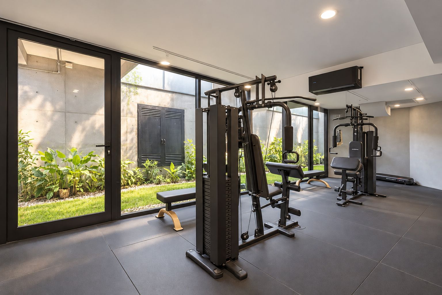 Un gimnasio con equipo de ejercicio, una banca y vista a un jardín a través de grandes ventanales.