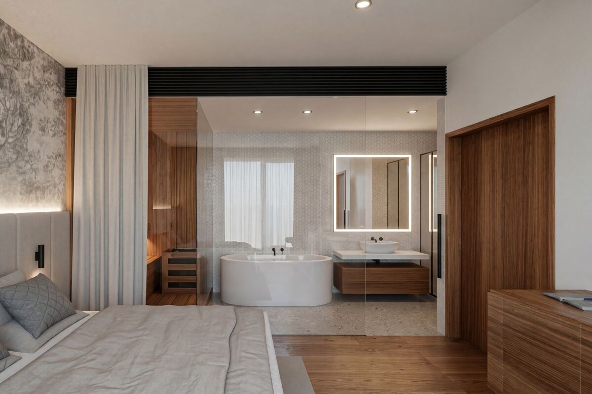 Ein modernes Schlafzimmer mit einem großen Bett, ein Badezimmer mit Badewanne und Waschbecken sowie ein Holzschrank.