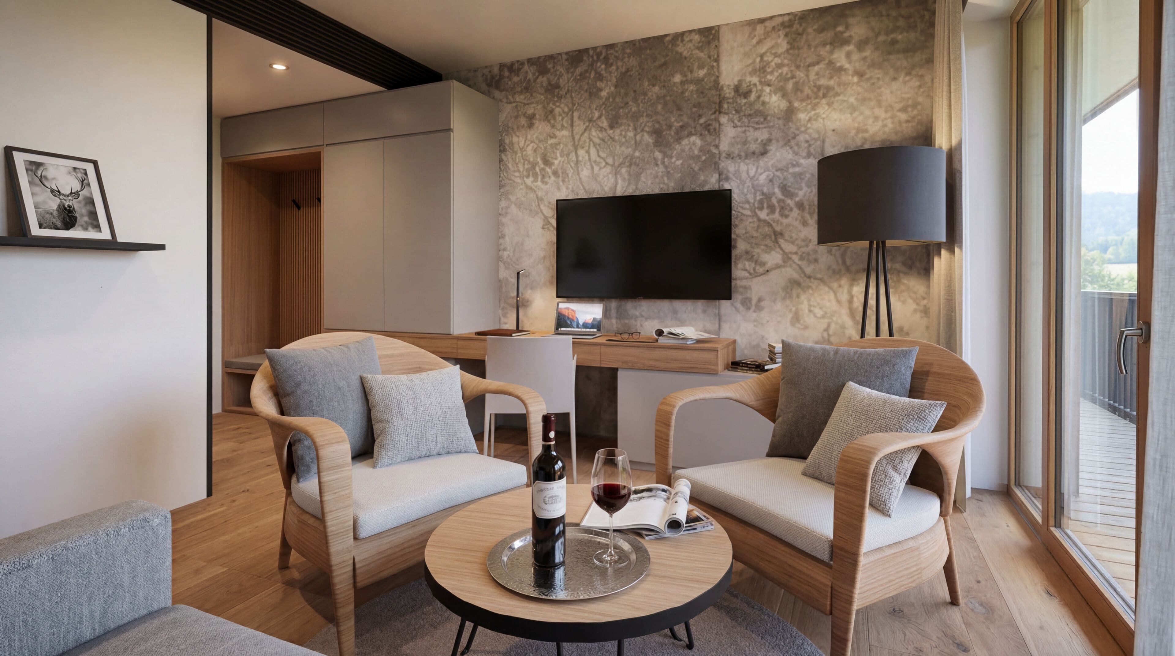Executive-Suite, Blick auf die Anlage | Wohnbereich | 55-Zoll-LED-Fernseher mit Digitalempfang