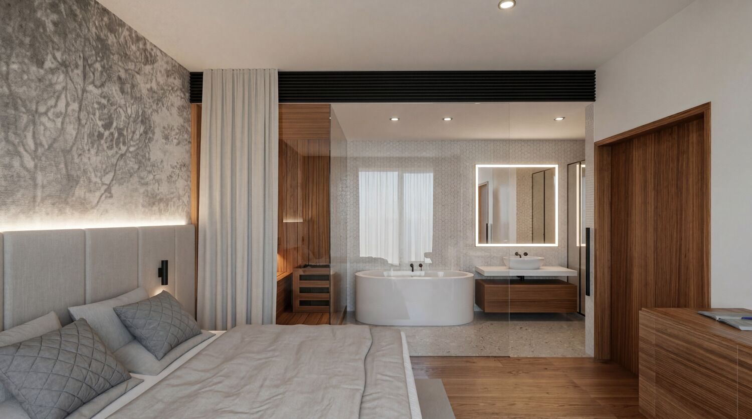 A modern bedroom with a large bed, a bathroom with a bathtub and a sink, and a wooden wardrobe.