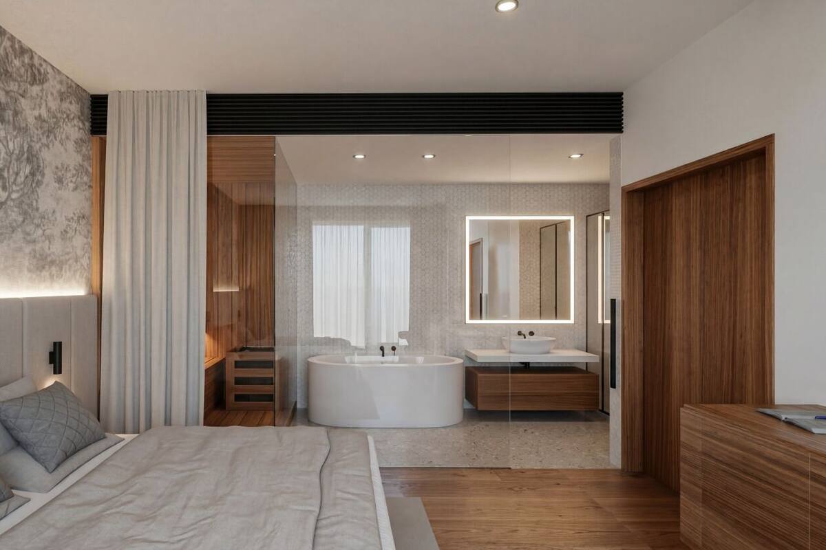 A modern bedroom with a large bed, a bathroom with a bathtub and a sink, and a wooden wardrobe.