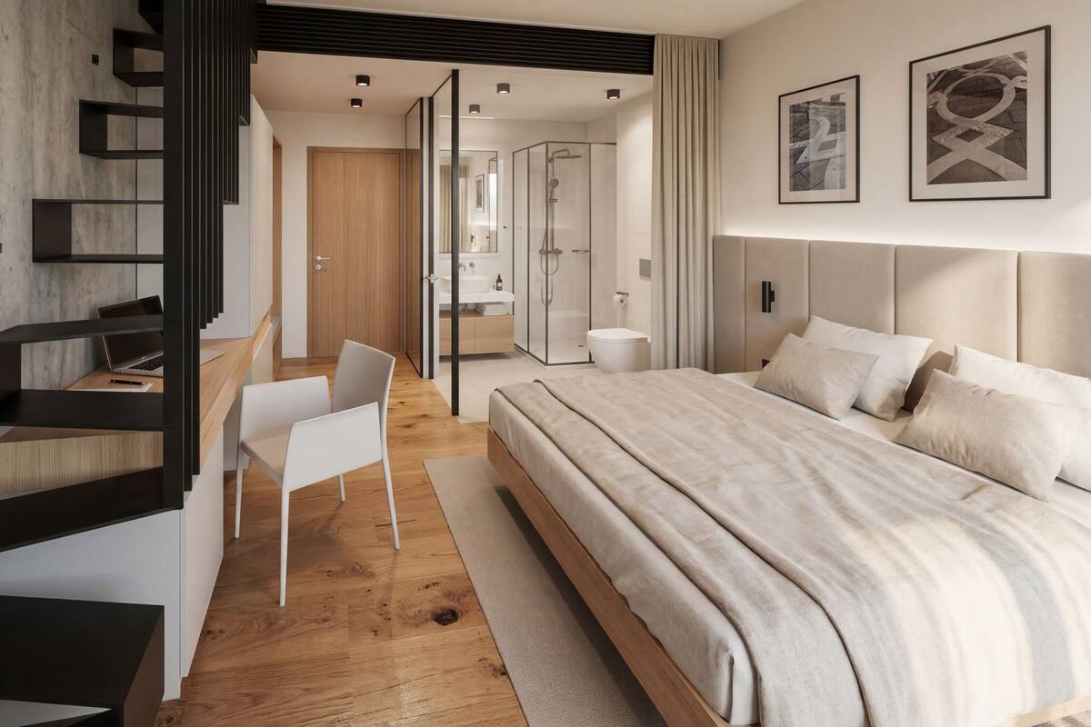 A modern bedroom with a large bed, a desk, and a chair. There is a staircase with a railing and a view into another room.