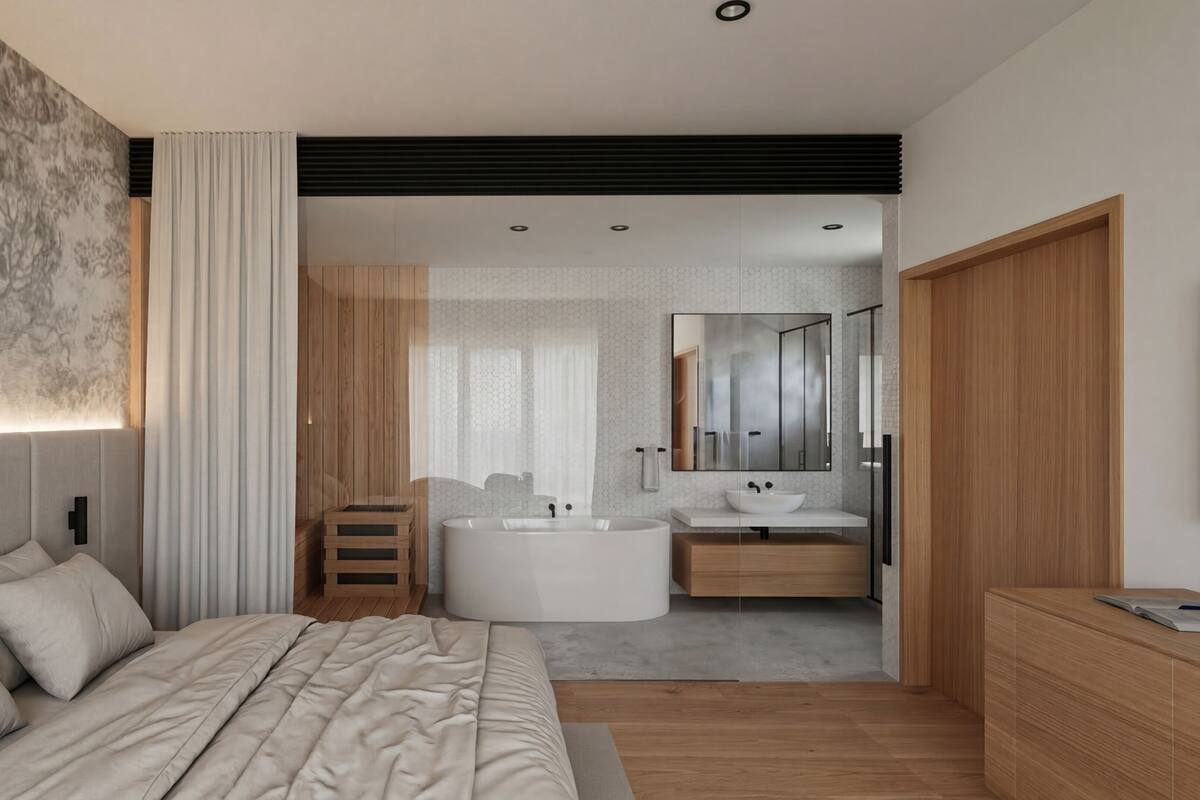A modern bedroom with a large bed, a bedside table, a wooden nightstand, and a built-in wardrobe.