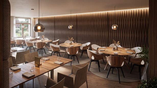 A modern dining area with round tables, wooden chairs, and pendant lighting. - Boutique Hotel Sončno Polje (Moravske Toplice)
