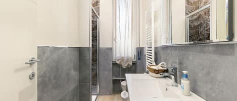 Shower, hair dryer, bidet, towels