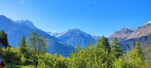Paisaje montañoso con picos nevados, árboles verdes exuberantes y un cielo azul despejado.