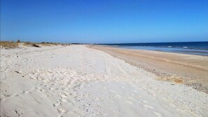 Una spiaggia con cielo sereno e mare calmo.