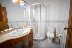 Hair dryer, towels, soap, toilet paper