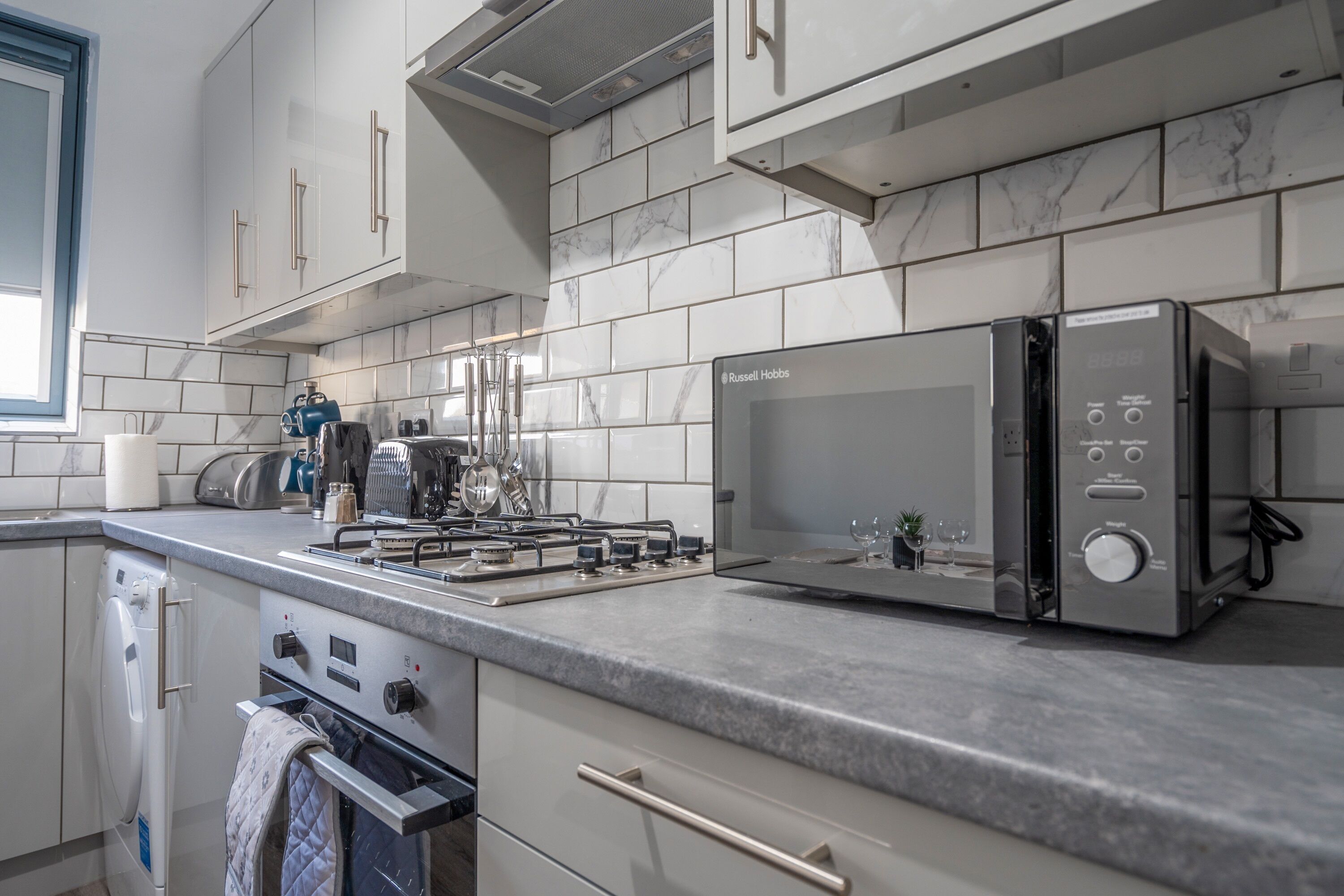 Fridge, microwave, oven, electric kettle
