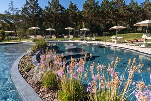 A swimming pool with lounge chairs and umbrellas, surrounded by trees and plants. - Mobilhome im Ferienpark mit Grosser Poolanlage (Castiglione della Pescaia)