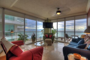 Living area - Beachfront Condo + Pool - 2 Bedrooms, 2 king beds, 2 baths, w/ AC - Kite Towers (Nuevo Vallarta)