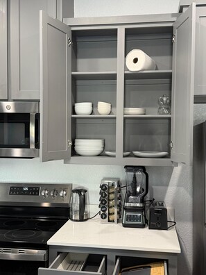 Fridge, microwave, coffee/tea maker, electric kettle