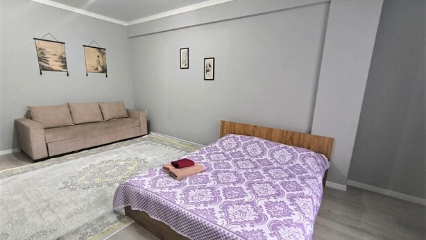 A bedroom with a bed, a sofa, and a rug.