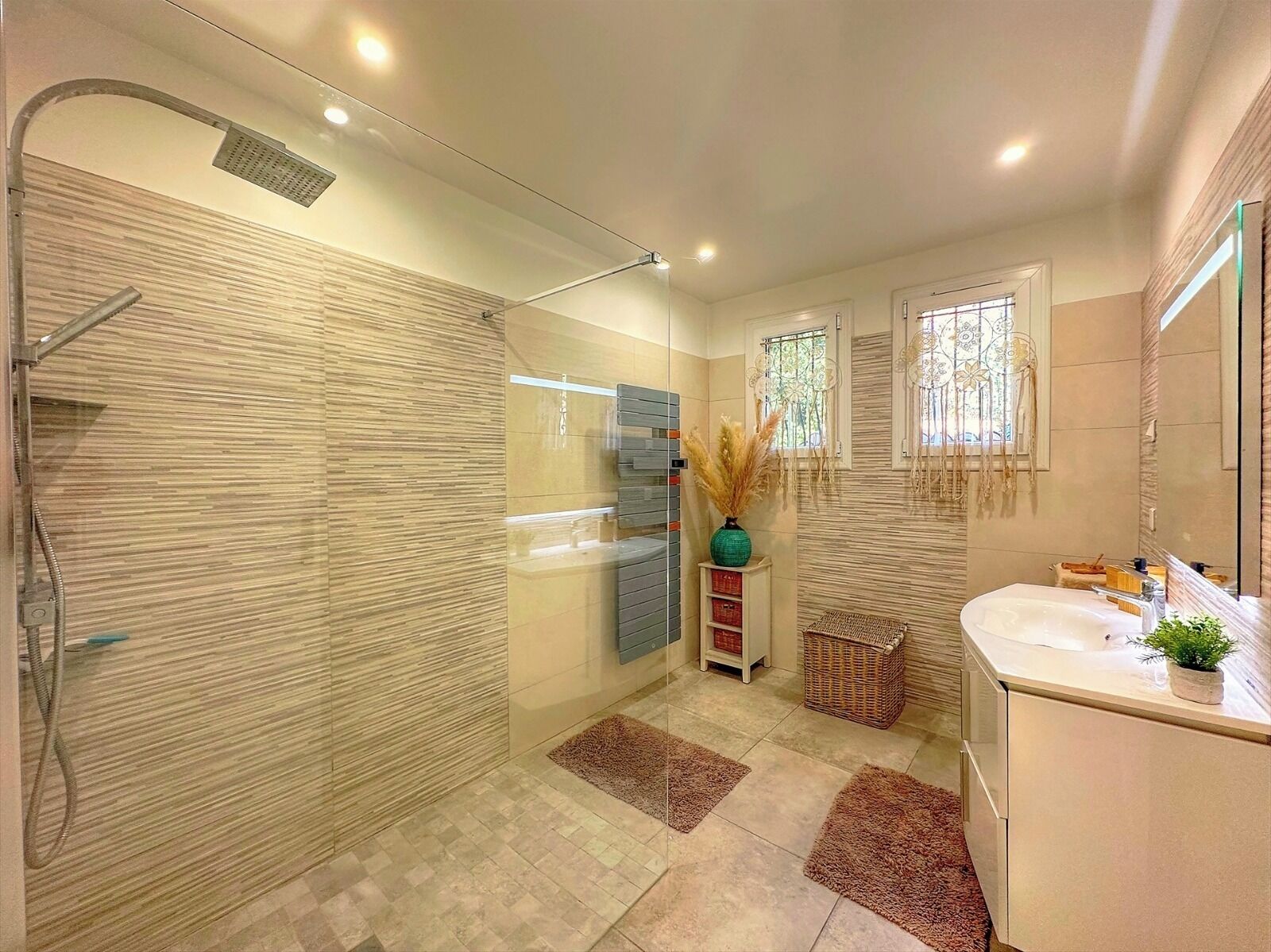 Shower, towels, toilet paper