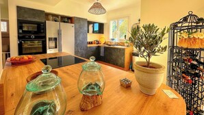 Uma cozinha moderna com ilha de madeira, eletrodomésticos embutidos e uma planta em vaso.