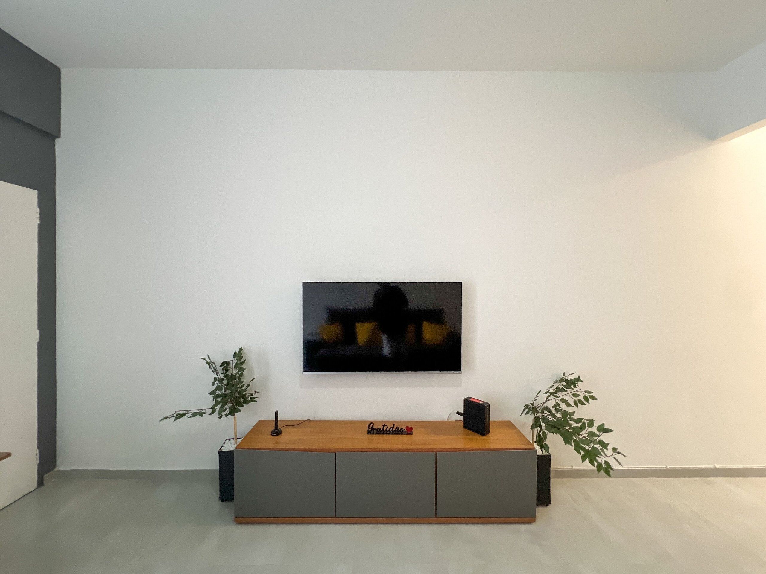 A modern living room with a flat-screen TV mounted on the wall, a wooden console table with a nameplate, and two potted plants.