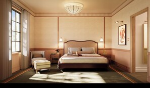 Een hotelkamer met een groot bed, een stoel, een nachtkastje en een raam met gordijnen.
