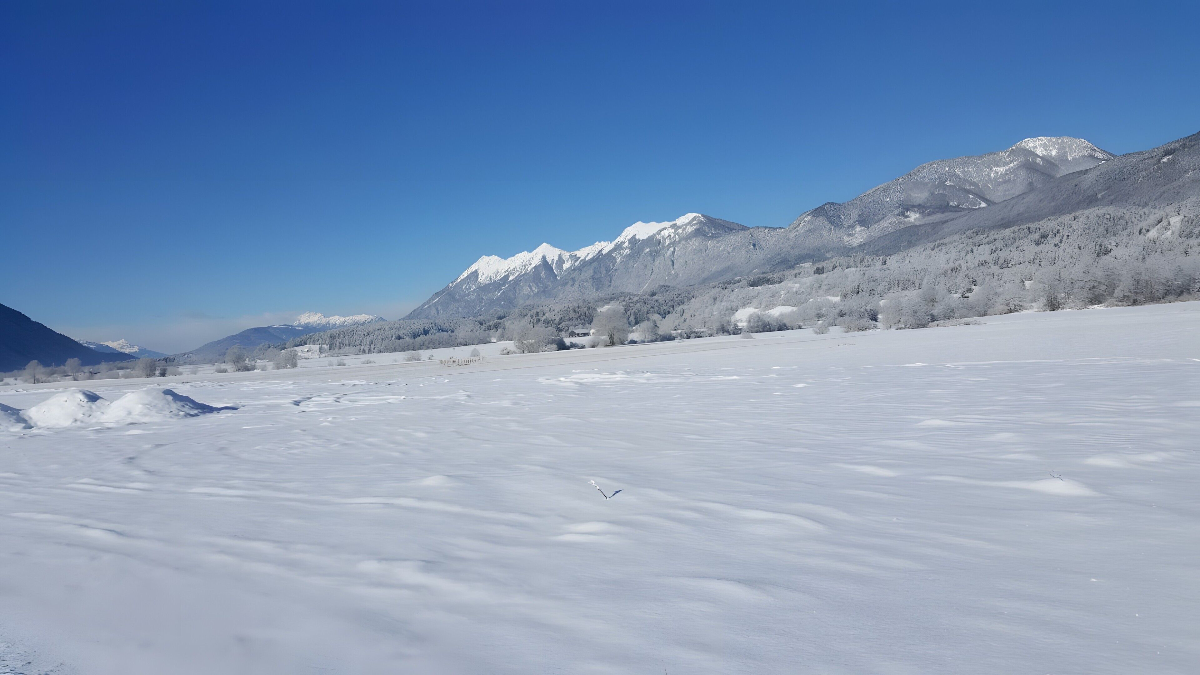 Un paisaje nevado con montañas al fondo.
