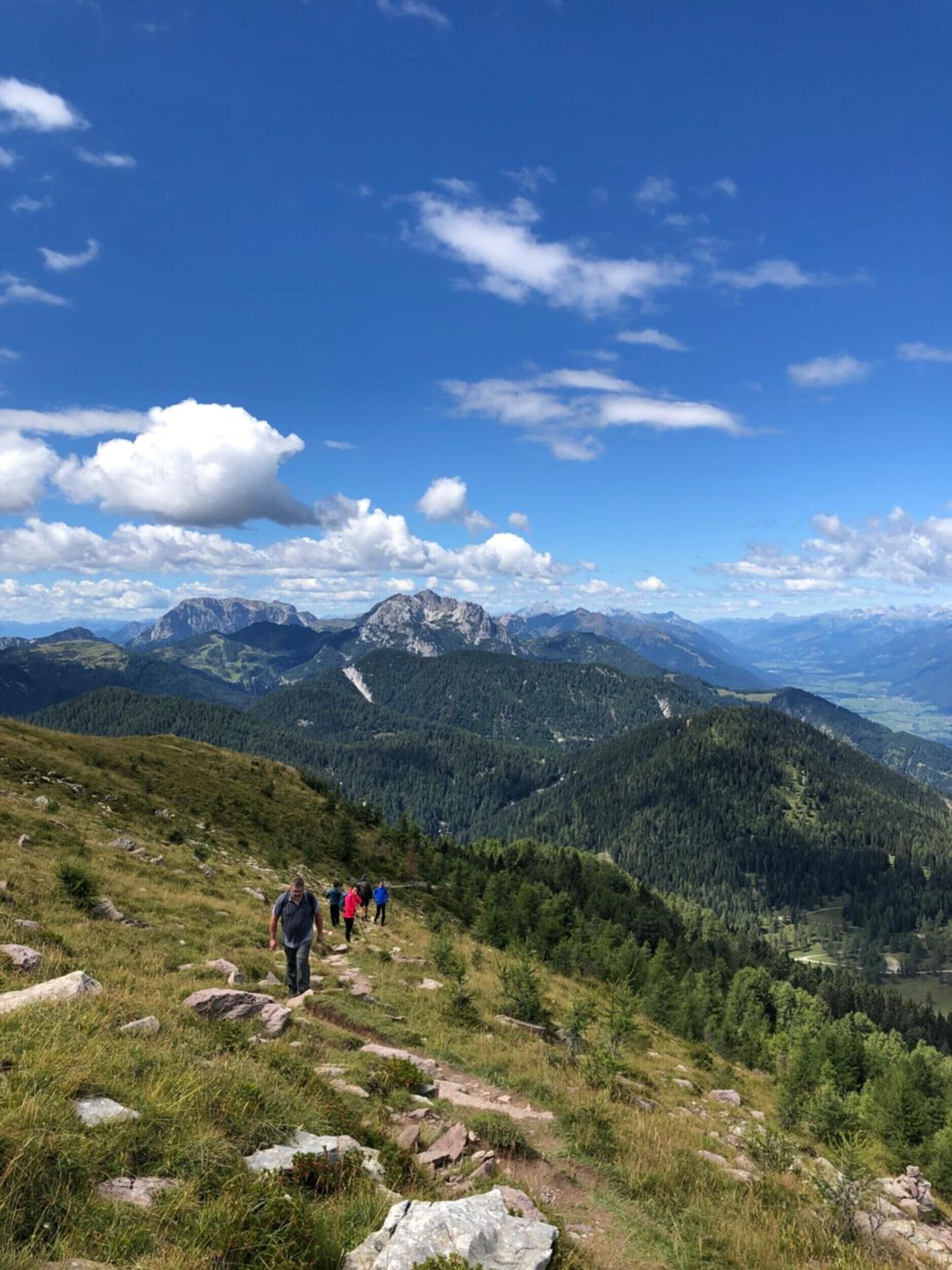 Paisatge de muntanya amb senderistes a un camí.