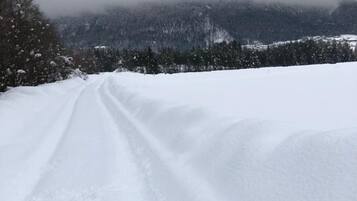 Eine verschneite Landschaft mit einem klaren Weg durch den Schnee.