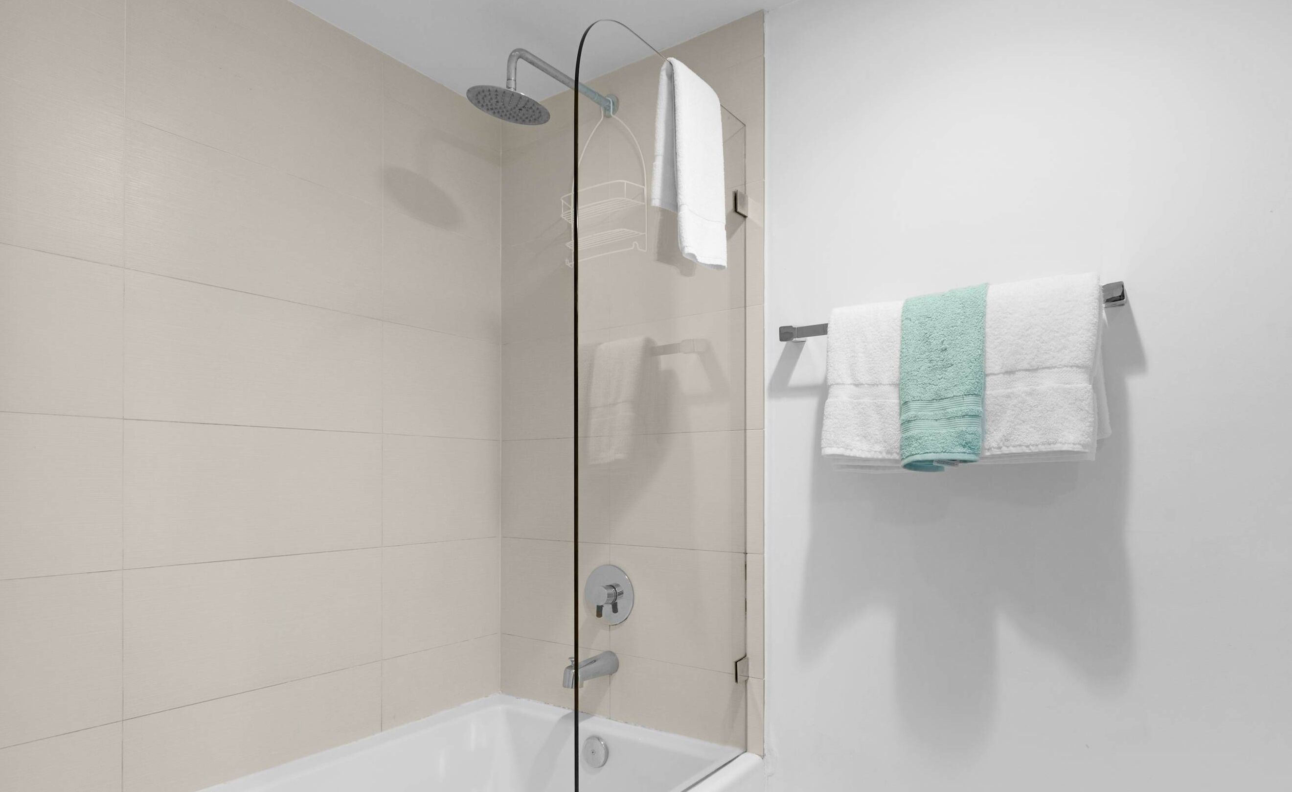 Shower, hair dryer, towels, shampoo
