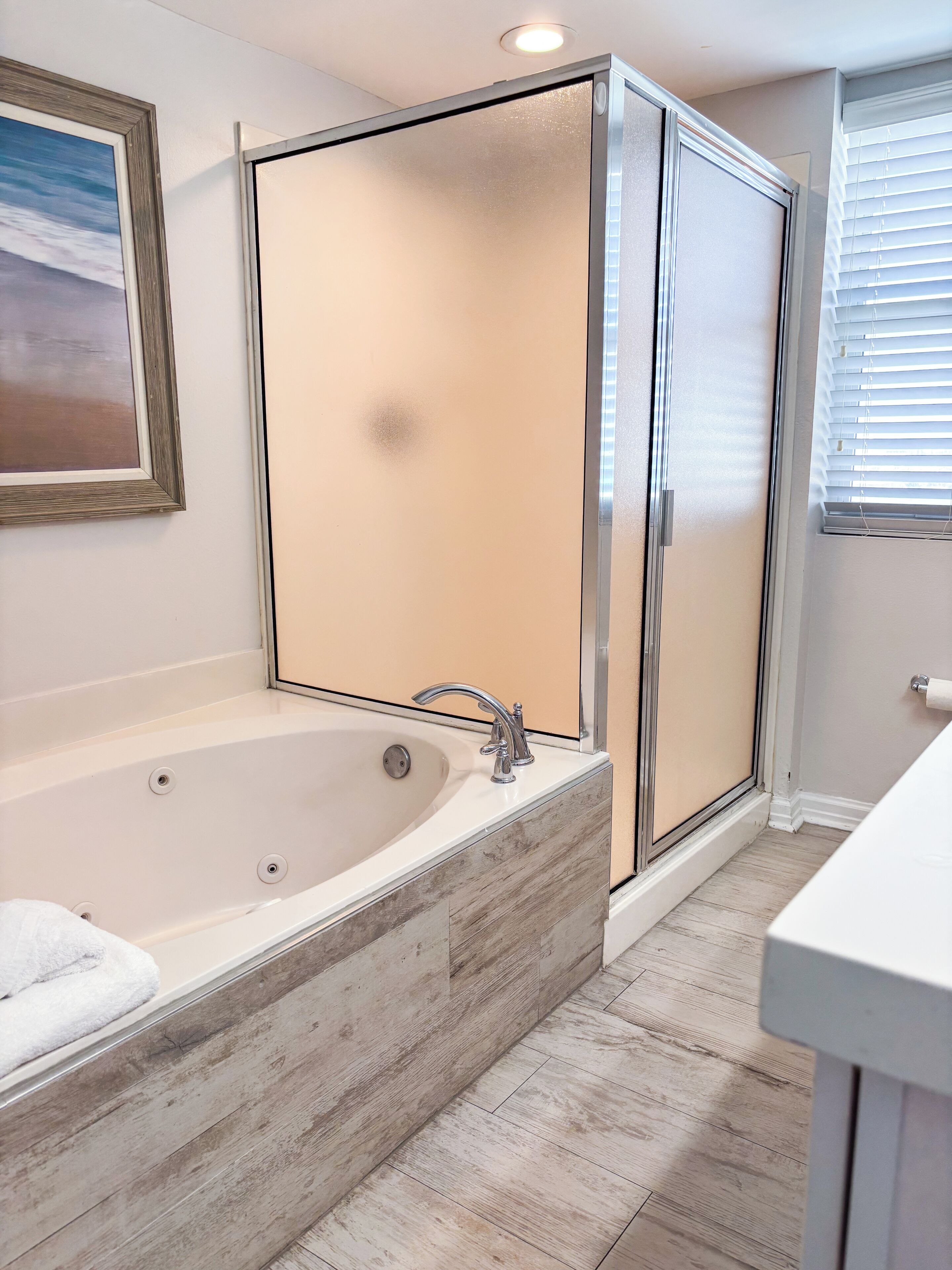 Jetted tub, hair dryer, towels, toilet paper