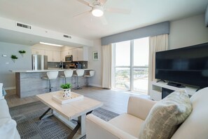 Smart TV, fireplace, books