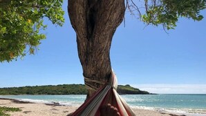 En hängmatta som är fastknuten i ett träd på en strand, med utsikt över havet och en avlägsen ö.