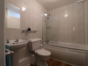 Hair dryer, towels, soap, toilet paper