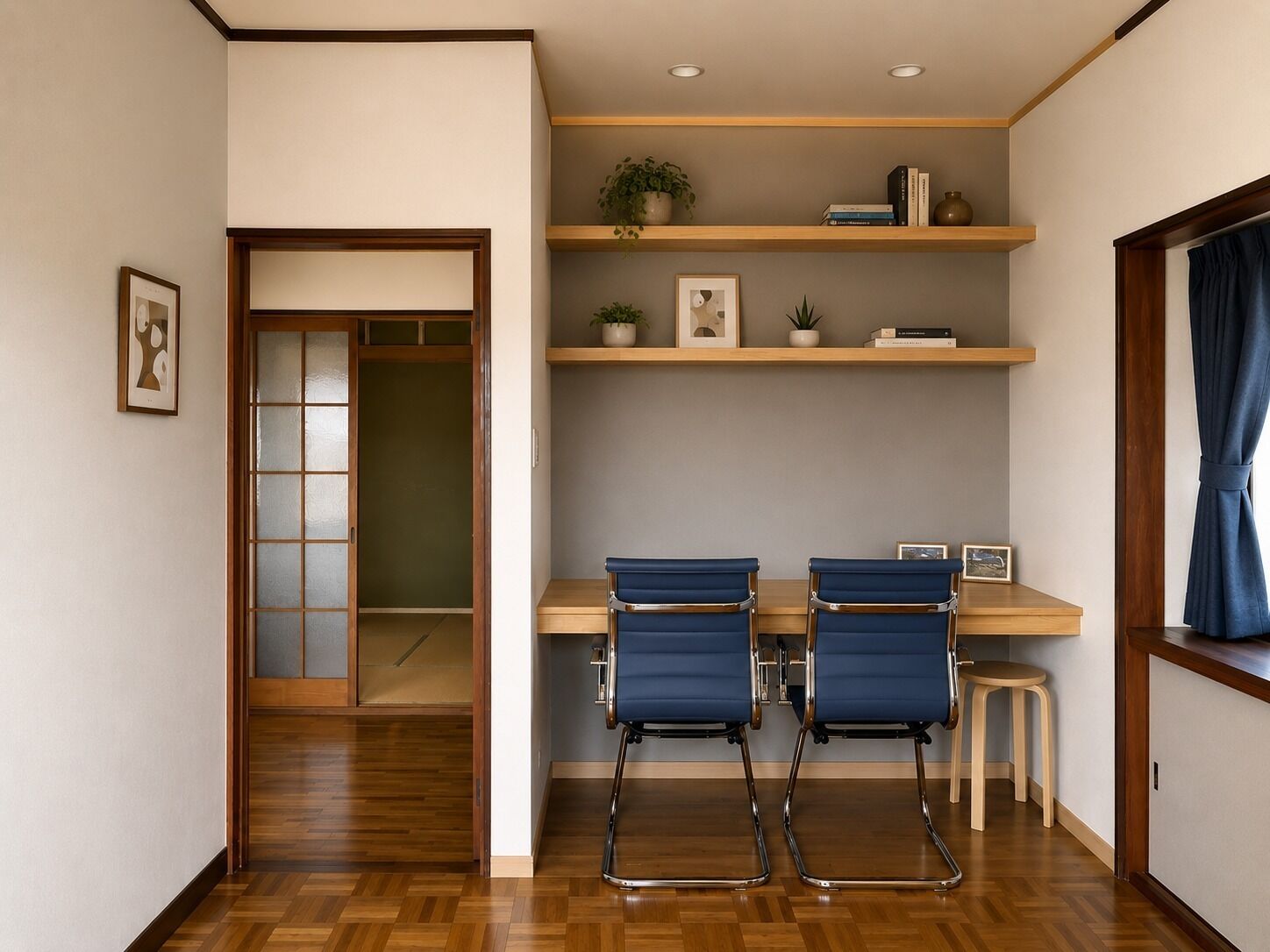 A room with a wooden floor, two blue chairs, a small stool, a desk with shelves, and a door leading to another room.