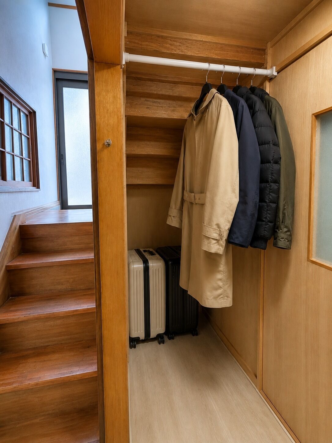 Una escalera de madera que conduce a una habitación con un perchero que sostiene varias chaquetas y una maleta.