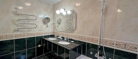 Hair dryer, towels, soap, toilet paper