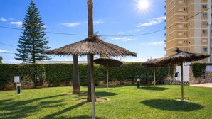 Een gazon met rieten parasols, een hoge boom en een gebouw op de achtergrond.
