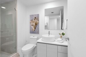 Douche, séchoir à cheveux, serviettes fournies, shampooing
