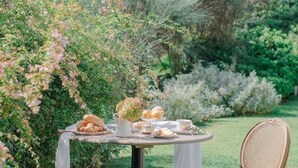 Mesa redonda al aire libre con diversos alimentos y una silla.