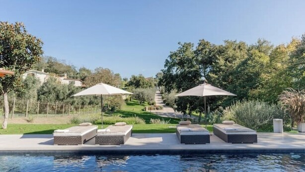 Zona junto a la piscina con sillones de descanso y sombrillas, rodeada de vegetación y un cielo despejado.