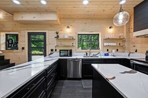 A modern kitchen with wooden walls, black countertops, and a stainless steel dishwasher. - 5-Bedroom Cabin with Glow Pool, Arcade Loft & Hot Tub, Sleeps 12 (Sevierville)