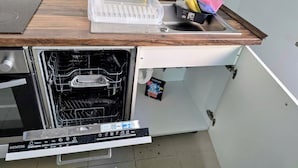 A kitchen with a dishwasher, a sink, and a countertop with a dish rack and cleaning supplies.