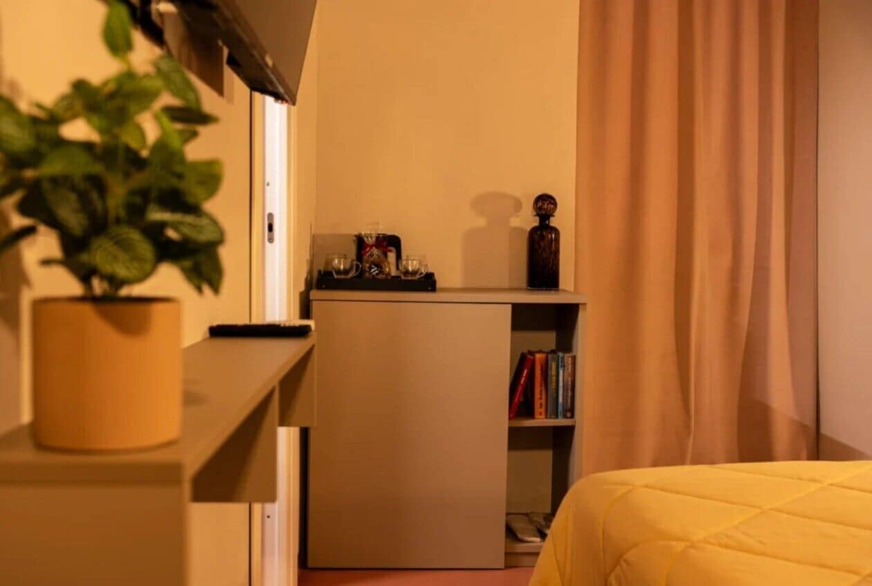Ein Zimmer mit einem Bett, einem Schreibtisch mit Pflanze, einem Bücherregal und einem Vorhang.