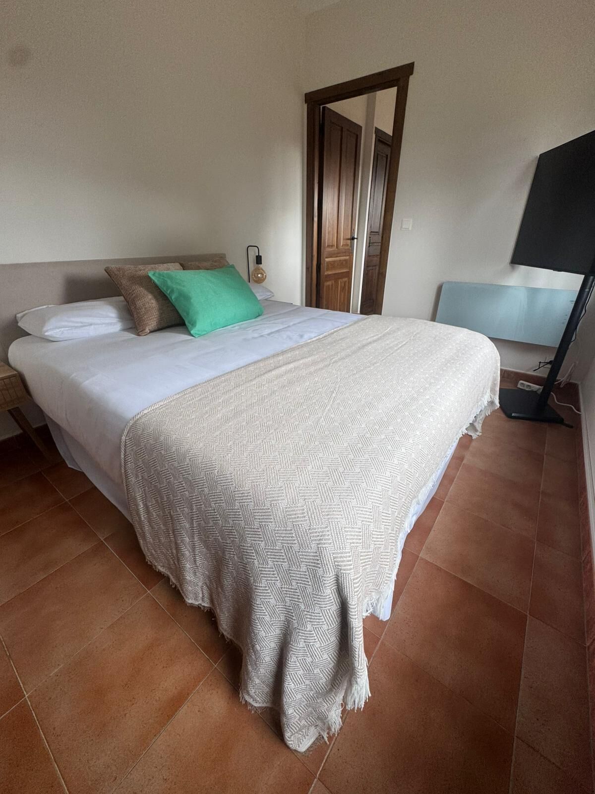 Een netjes opgemaakt bed met een bedsprei met patroon, een groen kussen en een wit kussen. Er is een houten deur en een aan de muur bevestigde televisie.