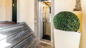 A staircase leading to an elevator, a green door, and a potted plant. - Bright loft with elevator in the historic center of Florence (Firenze)