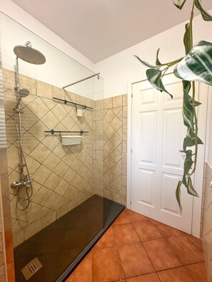 Douche, sèche-cheveux, bidet, serviettes fournies