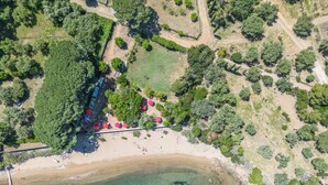 An aerial view of a beach with clear waters, a sandy shore, and a forested area with red umbrellas. - Agriresort Galenzana (Campo nell'Elba)
