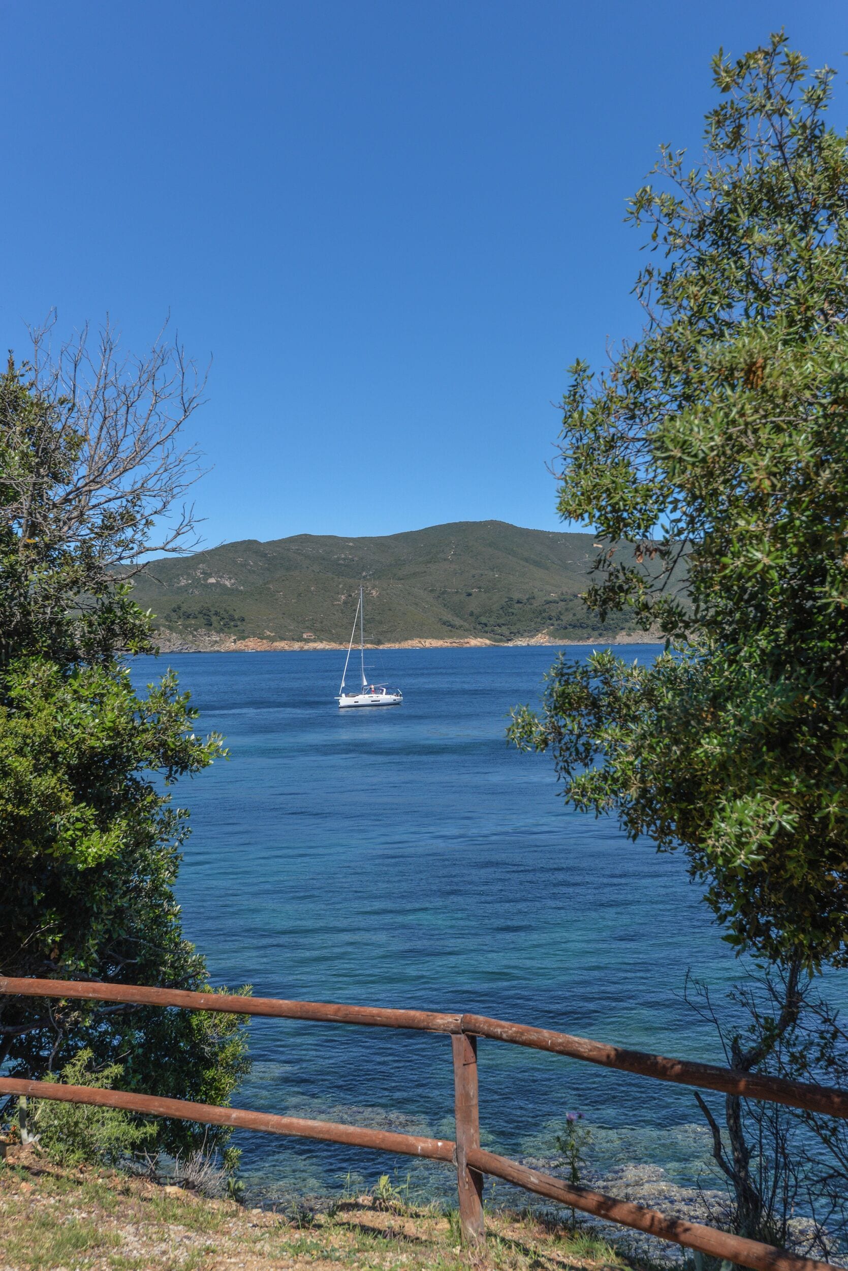 A coastal scene with a sailboat on the water, surrounded by greenery and hills.